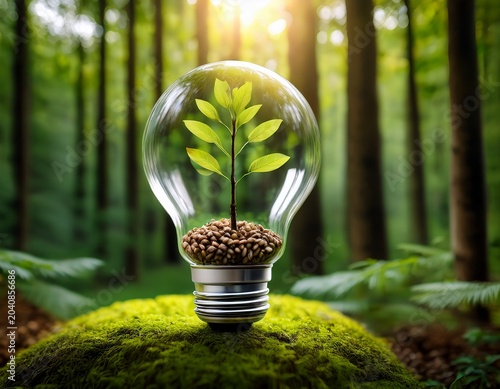 tree seeds in a light bulb against a green forest backdrop symbolizing eco technology green business innovation in eco industries and renewable energy