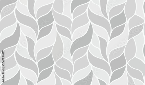A seamless pattern of overlapping sage green and white leaves on a soft gray background