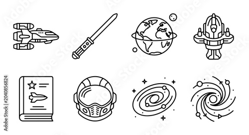 Foto Sci-Fi Icons Set: Spaceship, Lightsaber, Planet, Helmet, Galaxy, Book, Spacecraf