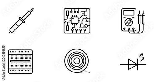 Foto Electronic Components Icons: Soldering Iron, Circuit Board, Multimeter, Breadboa