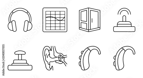 Schilderij op canvas Hearing Aid Icons, Audiology Symbols, Sound Technology Vector Set