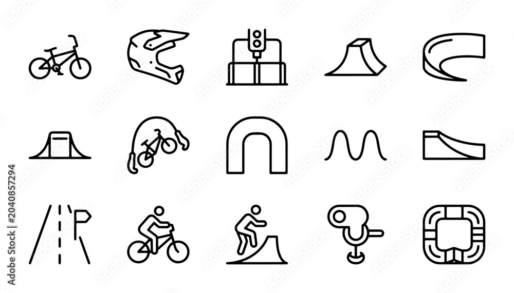 Fototapeta premium BMX Bike Icons Set: Extreme Sports, Bicycle Gear, Ramp Jumps, Action Sports Vector Graphics