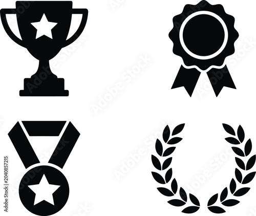 Photos Black silhouette award icons set featuring trophy medal ribbon and laurel wreath