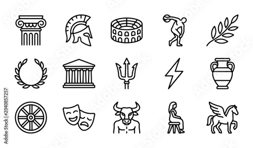 Foto Ancient Greek Icons Set, Mythology Symbols Collection, Classical History Vector