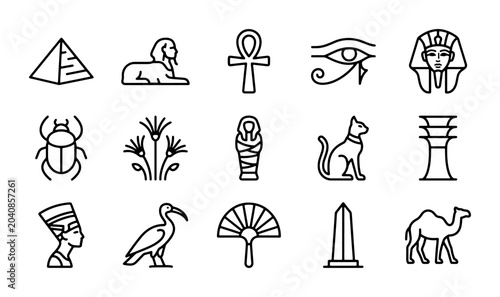 Photos Ancient Egyptian Icons Set: Hieroglyphs, Pharaohs, Pyramids, Sphinx, Ankh, Eye o