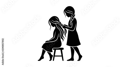 Fotografija Two girls braiding hair, silhouette, sisterhood, childhood, friendship, bonding