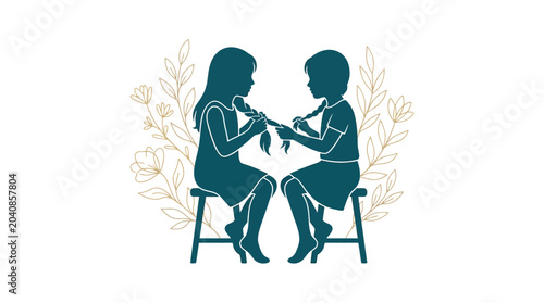 Photography Two girls braiding hair, Silhouette, friendship, childhood, floral background