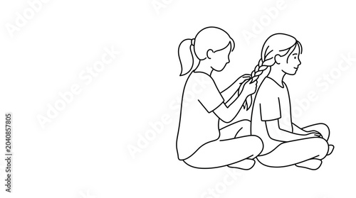 Foto Two girls braiding hair, simple line art, childhood friendship, sisterhood, bond