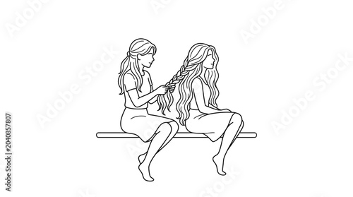 Фотография Two girls braiding hair, friendship, simple line art illustration