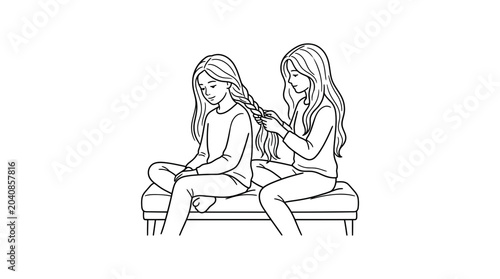 Obraz na plátně Two girls braiding hair, sisterhood, friendship, childhood, simple line drawing