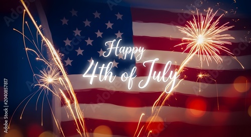 Fireworks explode over American flag happy fourth of july message.