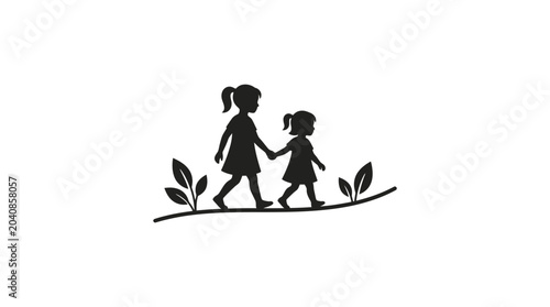 Schilderij op canvas Two sisters silhouettes walking holding hands on a path with leaves