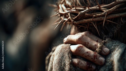 Close-up of Jesus Christ wearing Crown of Thorns and bloodstained hands