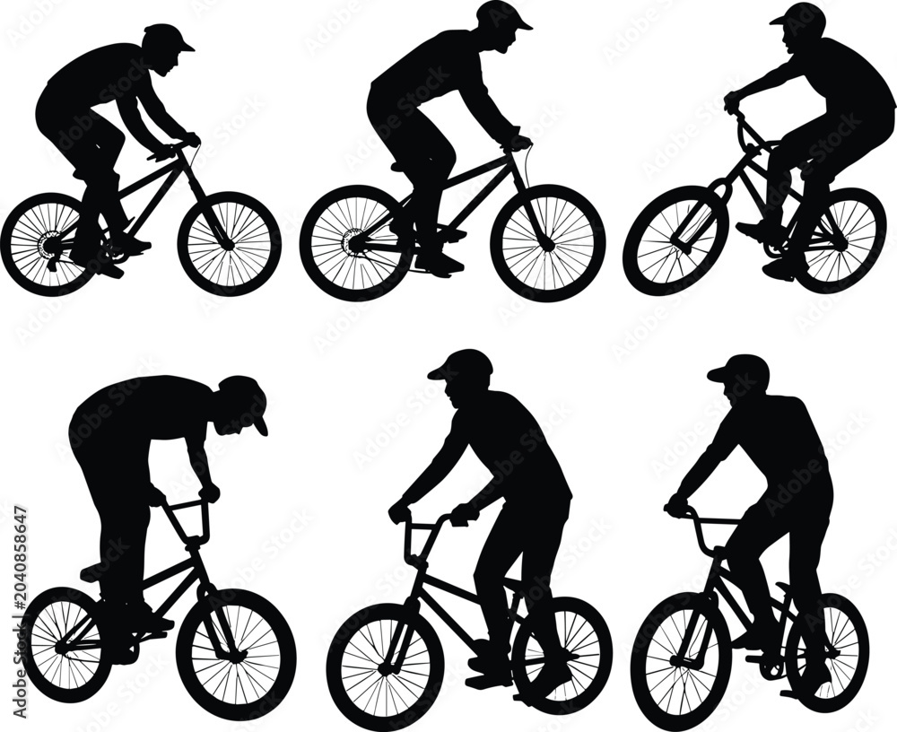 Naklejka premium Collection of BMX and mountain bike cyclist silhouettes isolated on white for outdoor sports adventure and active lifestyle vector design