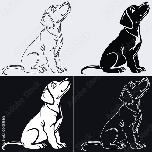 Photos Cute happy puppy sitting and looking up cheerfully vector illustration set in bl