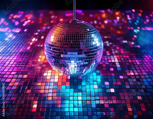 vibrant neon light reflected on disco ball tiles