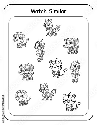 Foto STEM-inspired printable picture matching worksheets featuring robot animals for preschool and kindergarten