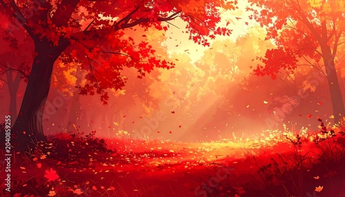 Vibrant Red Autumn Forest Glowing in Warm Sunlight Along Misty Woodland Path