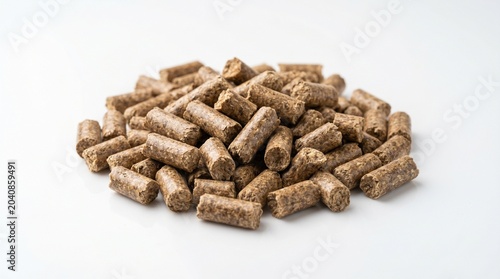 Cattle feed pellets piled on white studio background