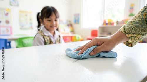 Teacher cleaning table with cloth in Indonesian kindergarten classroom