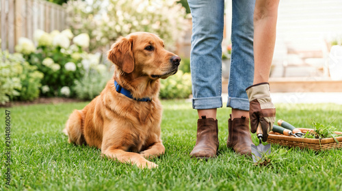 Person cleaning pet waste from lawn near golden retriever dog