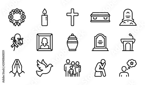 Bild auf Leinwand Funeral Icons Set: Grief, Mourning, Remembrance, Sympathy, Condolence, Memorial