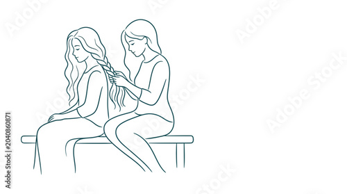 Photography Two women, one braiding the other's hair, minimalist line art, friendship, bond
