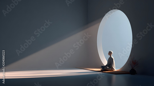 Meditating person Scandinavian inspired smart interior ad calm minimal zen monk in circular window light