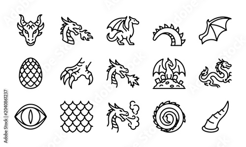 Photography Fantasy Dragon Icons Set, Mythical Creature Vector Graphics, Magical Beast Line