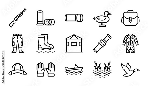 Foto Hunting Icons Set: Shotgun, Ducks, Gear, and Boat Vector Graphics for Outdoor Pu