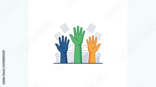Konstfotografi Voting hands raised at ballot box, concept of democracy and participation