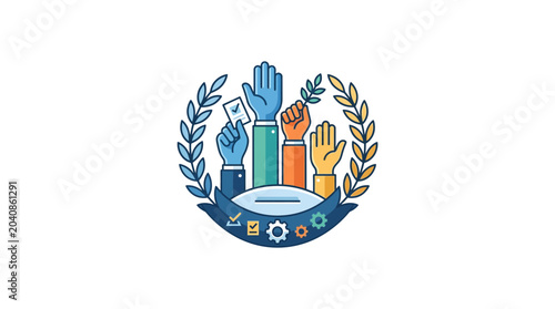 Φωτογραφία Voting Hands Raised with Ballot and Laurel Wreath - Election Symbol