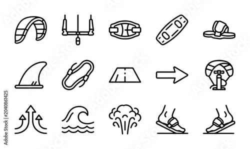 Foto Kitesurfing Icons Set: Kite, Board, Bar, Fins, Wave, Pump, Vector Graphics