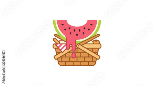 Obraz na płótnie Watermelon Slice Dripping Juice onto Picnic Basket with Food