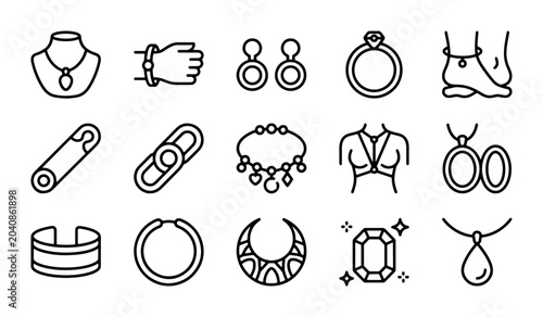 Photography Elegant Jewelry Icons Set, 15 Vector Graphics for Fashion and Accessories Design