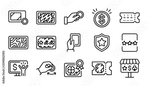 Tableau sur toile Gambling Icons Set: Lottery, Casino, Scratch Cards, Chips, Tickets, Money, Win