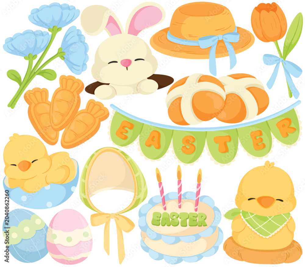 Fototapeta premium Pastel Cartoon Easter Clip Art Set with Bunny, Chicks, Eggs, Flowers and Banner
