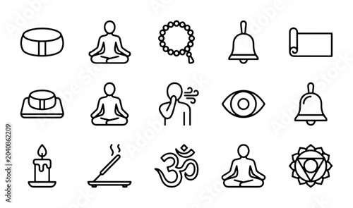 Tableau sur toile Yoga and Meditation Icons Set, Spiritual Symbols, Wellness Objects, Zen Lifestyl