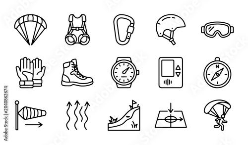 Fotografija Extreme Sports Equipment Icons, Adventure Gear Vector Set, Paragliding and Climb
