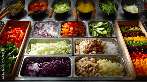 Fresh salad bar station with colorful chopped vegetables, greens, diced tofu, and toppings arranged in stainless bins for healthy meal prep