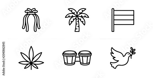 Foto Rastafarian Icons Set: Peace Dove, Marijuana Leaf, Palm Tree, Bongos, Flag, Drea