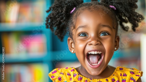 A young Black girl with a wide, joyful smile and her tongue sticking out. She is wearing a yellow dress with a floral pattern and has purple hair ties in her hair.