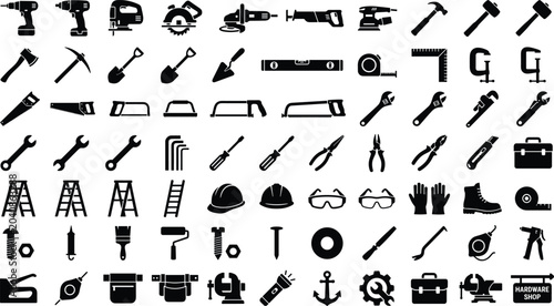 Bild auf Leinwand Black Hardware Shop Hand Tool Icon Set Axe Shovel Saw Wrench Hammer Ladder Helme