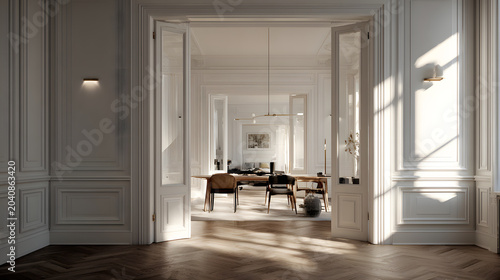 Sunlit Scandinavian inspired smart apartment interior with elegant molding, open living and dining area, wood floor and minimalist furnishings