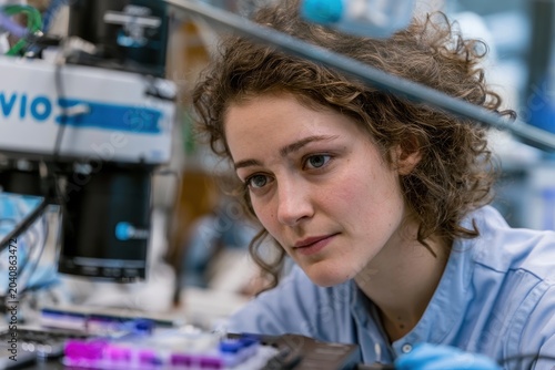 Focused shot of a medical researcher at a clean bench, and a robotic pipetting system performing a tedious sample preparation task alongside them