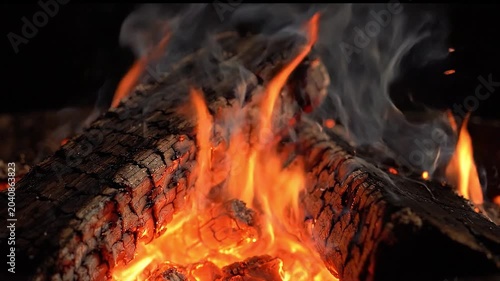 Cinematic photograph of embers and incandescent flames of charcoal in a bonfire.