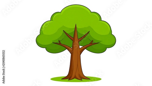 Bright Green Cartoon Tree Standing on Grass Patch on White Background