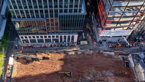 Drone overhead view of active excavation at the HELIX redevelopment site in downtown New Brunswick NJ