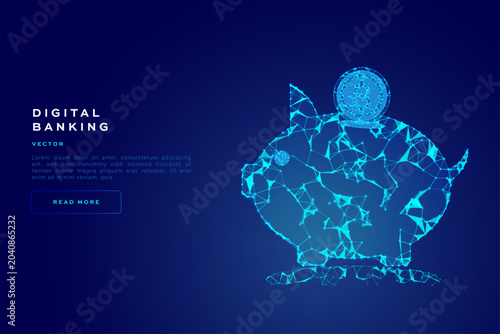 Modern piggy bank vector illustration featuring a coin and futuristic connected nodes with glowing digital lines. Financial technology concept symbolizing savings, investment and digital banking.