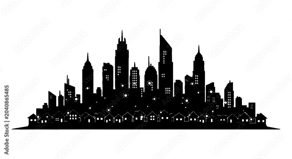 Obraz premium Minimal black silhouette icon, simple flat vector, bold black shape, no, no shading modern city skyline silhouette with smart network technology, on a, flat icon style